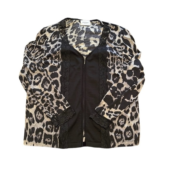 Stizzoli Animal Print Lace Detail Wool Blend Zip Cardigan Black Sz XXL (IT 52) - Picture 8 of 8